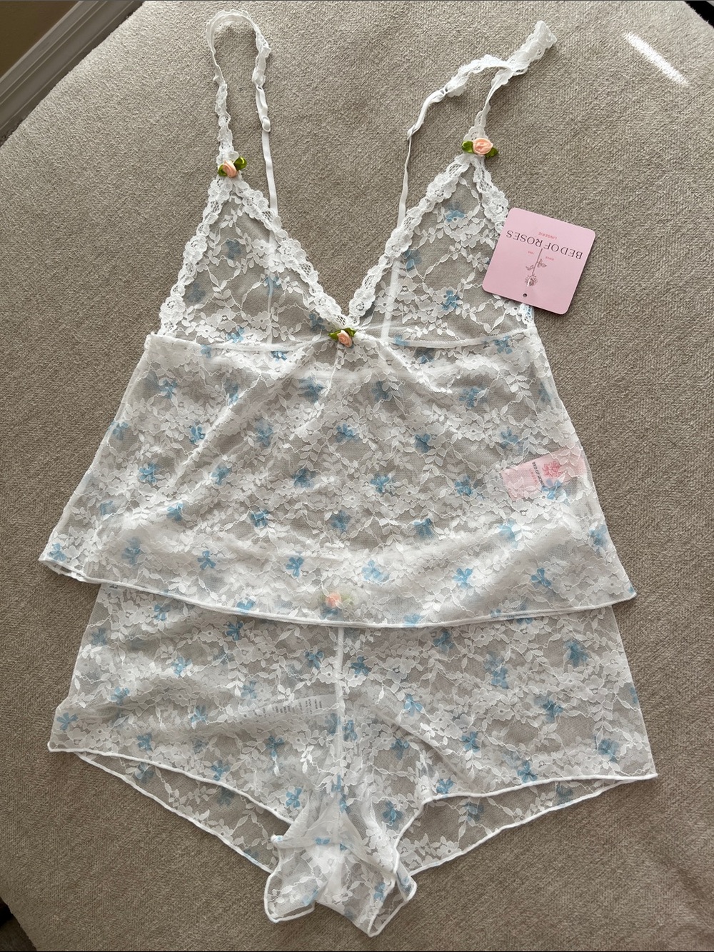 White Lace Camisole & Short Set with Light Blue Floral Accents